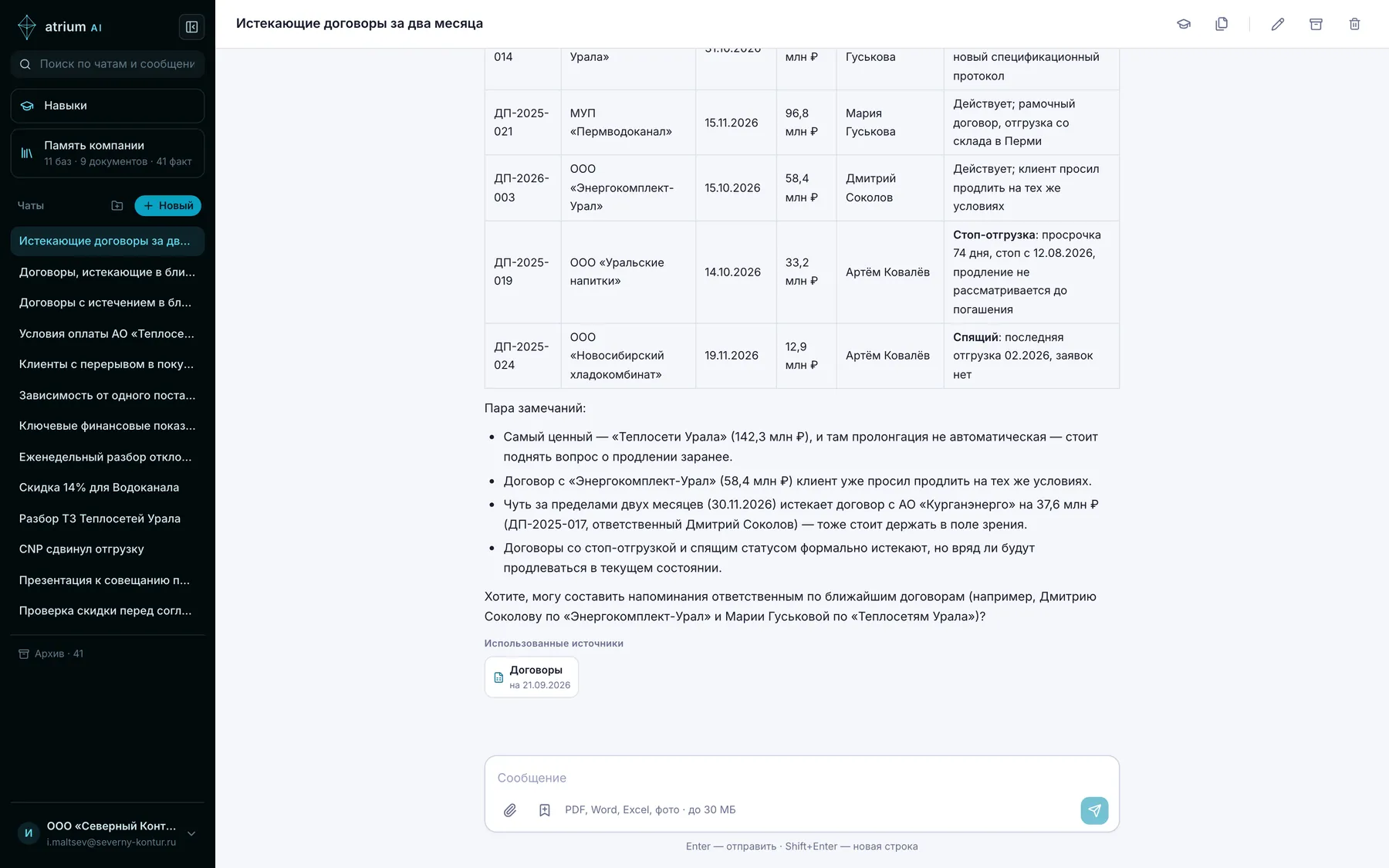 Ответ MirandumAI на вопрос об истекающих договорах: таблица из пяти договоров с клиентом, датой окончания, суммой и ответственным, и ссылка на базу «Договоры».