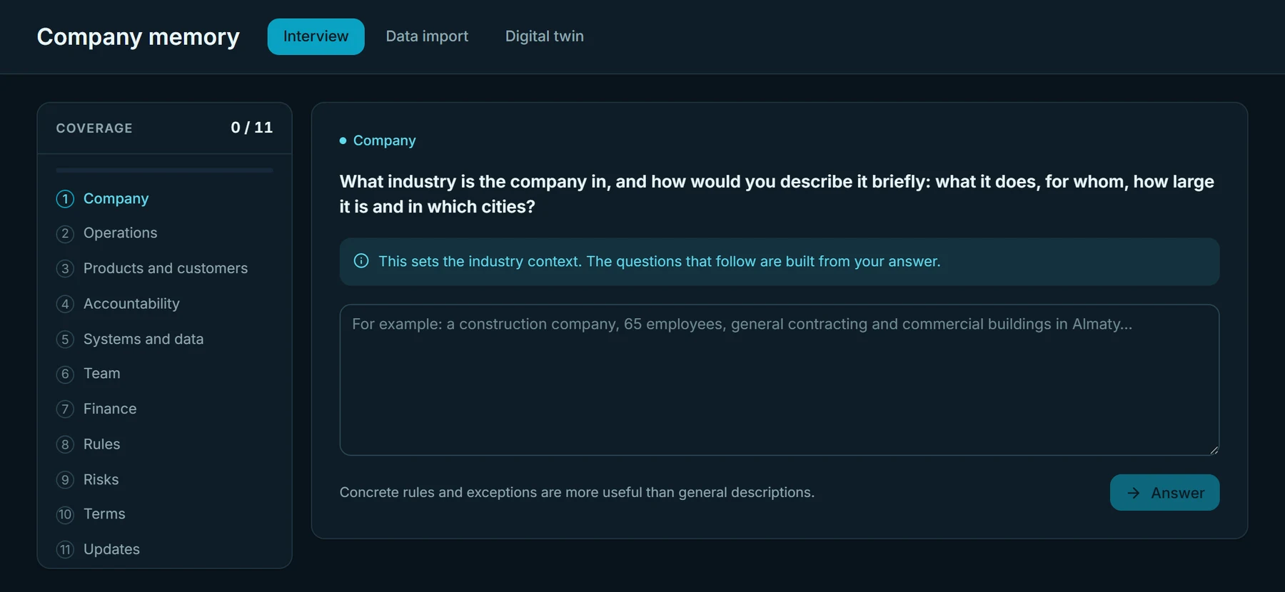 MirandumAI interview screen: a coverage map of 11 areas on the left, and a question about the company's industry with an answer field on the right.