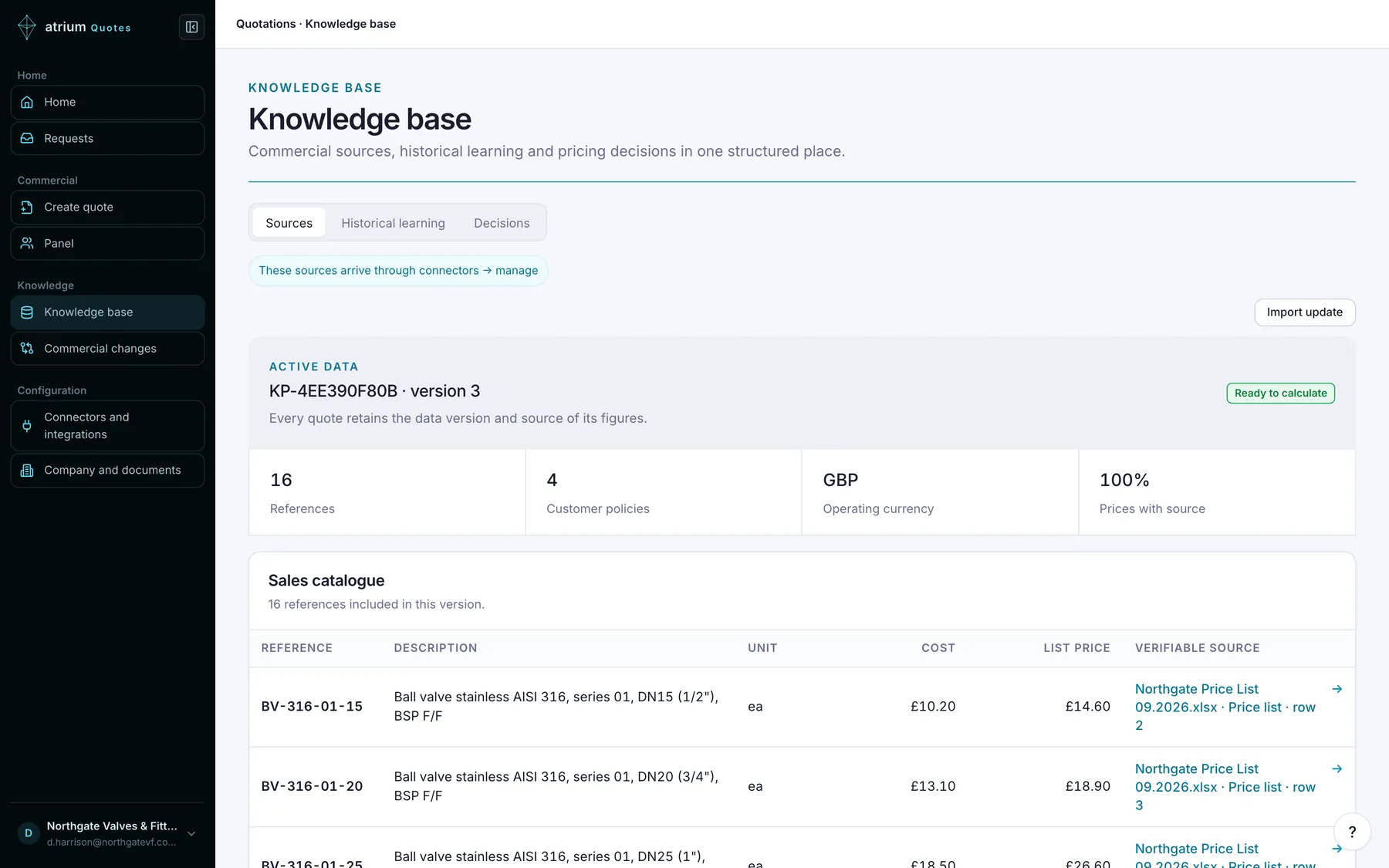 The knowledge base in MirandumQuotes: the active price-list version, the number of lines and customer rules, and the catalogue with cost, price and a link to the file, sheet and row.